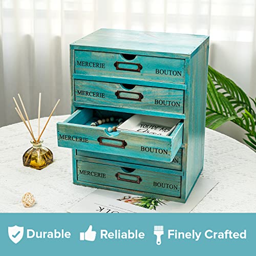 Turquoise 5-Tier Drawer Desktop Curio Cabinet - French Farmhouse Country Desk Organizer Box - Wooden Stackable Shelves - Teal Countertop Shelf w/Label Holder - 5-Level File Drawer Unit - style: 5 Drawer I 12.2"