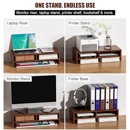 Wood Monitor Stand Riser with Storage Walnut Brown | 2 Tiers, Ergonomic Computer Stand for Laptop/PC/Printer, 16" Compact Wooden Desk Organizer, 50 lbs Weight Capacity