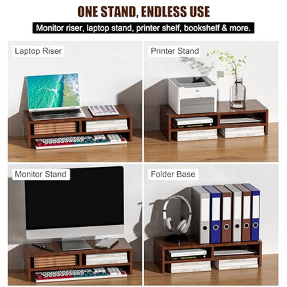 Wood Monitor Stand Riser with Storage Walnut Brown | 2 Tiers, Ergonomic Computer Stand for Laptop/PC/Printer, 16" Compact Wooden Desk Organizer, 50 lbs Weight Capacity
