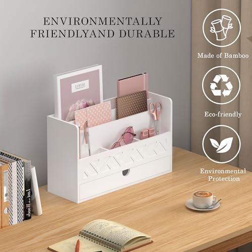 Wisuce Bamboo Mail Organizer with Drawer, Countertop Desk Organizer(White) | Made from Natural Bamboo Multi-Compartment Design Built-In Drawer No Assembly Required - color: 1 White