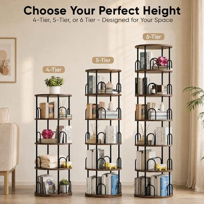 6 Tier Rotating Bookshelf Tower, 360° Revolving SpinningBookcase - color: Black, size: 6 Tiers