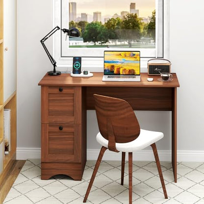 GIANTEX Computer Desk with 2 Drawers, 43” Wooden Home Office Desk with Charging Station, Compact Study Writing Desk, Modern Laptop PC Desk Workstation for Bedroom, Living Room (Walnut) - color: Walnut
