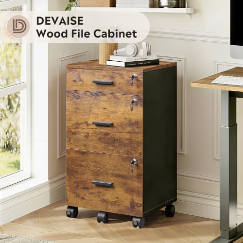 DEVAISE 3 Drawer File Cabinet with Lock & Wheels, Wood Printer Stand - color: Rustic Brown
