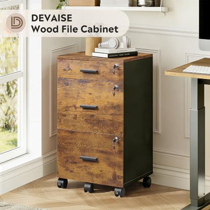 DEVAISE 3 Drawer File Cabinet with Lock & Wheels, Wood Printer Stand - color: Rustic Brown