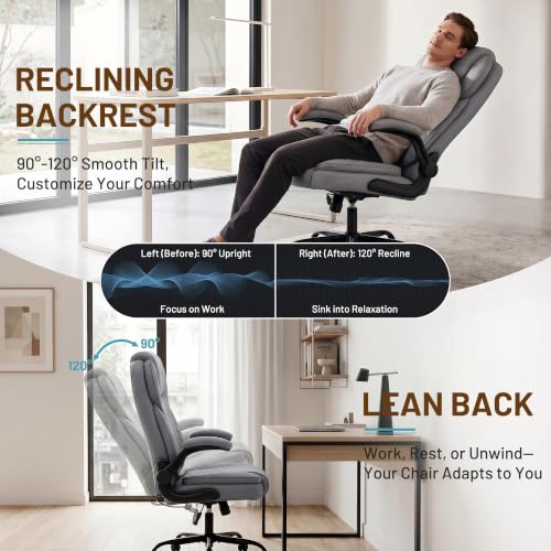 Ergonomic Office Chair, PU Leather High Back Executive Chair with Adjustable Inflatable Lumbar Support and Padded Flip-Up Arms, Recline Swivel Task Computer Chair for Home Office, Gray - color: Grey