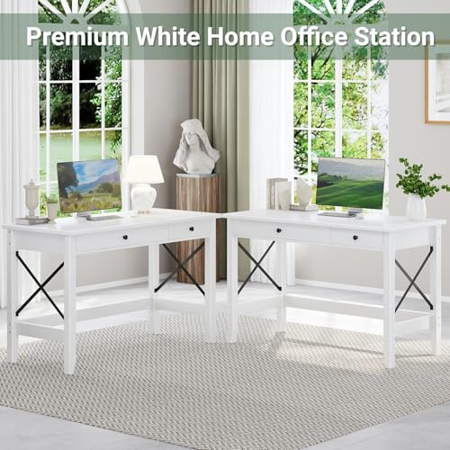 JSB 43.3 Inch White Computer Desk with 2 Drawers for Home Office Bedroom - color: White, size: 43.3 inch