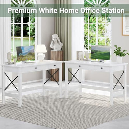 JSB 43.3 Inch White Computer Desk with 2 Drawers for Home Office Bedroom - color: White, size: 43.3 inch
