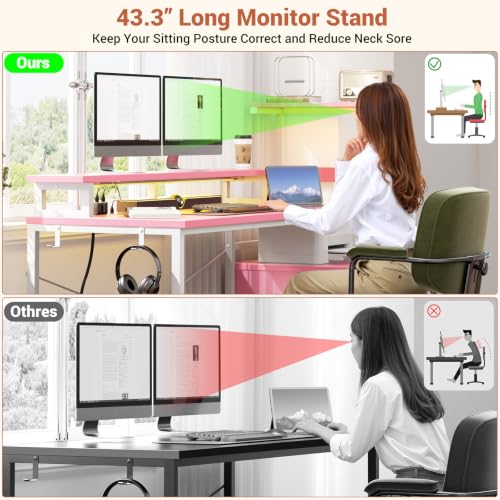 Aheaplus Gaming Desk with LED Strip & Power Outlet, 59Inch Reversible Computer Desk with Monitor Stand & Storage Shelves, Home Office Desks with Fabric File Drawer, Gamer Table PC Desk, Pink - color: Pink