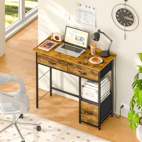 3IngSeagulls 33 Inch Small Computer Desk with Fabric Drawers, Home Office Desk with Storage Shelf, Compact Desks for Small Spaces, Teen Study Table for Bedroom, Rustic Brown
