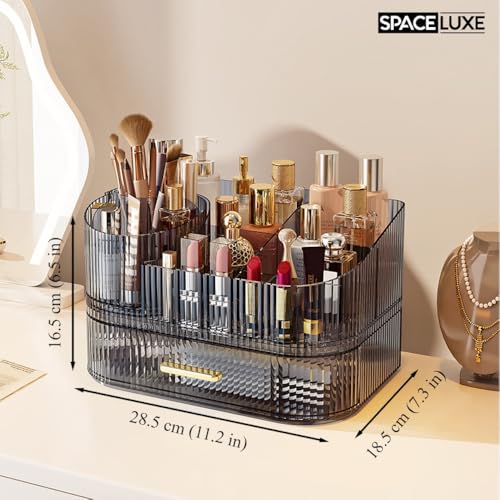 Makeup Organizer with Drawers, 360° Rotating Brush Holder | 2-Tier, Cosmetic storage for vanity, skincare, perfume, hair accessories, lipstick and jewelry, Transparent Gray - color: Transparent Gray, size: 2-layer