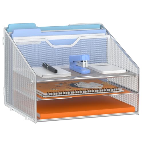 GAWERK Letter Tray Organizer, Mesh Desk File Organizer with 3 Paper Trays and 2 Vertical Upright Section (Silver) - color: Silver
