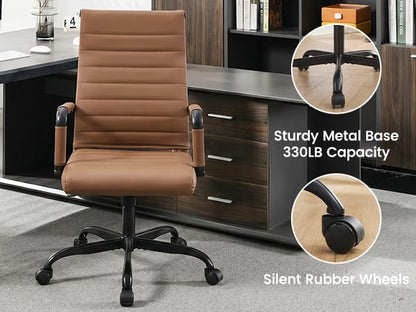 Leather Office Desk Chair, Conference Room Chairs with Wheels, Modern Executive Computer Guest Chairs with Arms - color: Brown&black