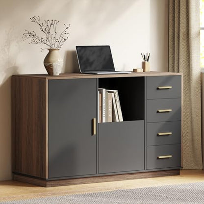 47.2" File Cabinet with 5 Drawer & Door, Charging Station | Office Storage Cabinet with Adjustable Shelves, Fits A4/Letter Size, Printer Stand with Storage for Home Office, Black Walnut