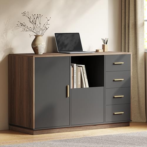 47.2" File Cabinet with 5 Drawer & Door, Charging Station | Office Storage Cabinet with Adjustable Shelves, Fits A4/Letter Size, Printer Stand with Storage for Home Office, Black Walnut