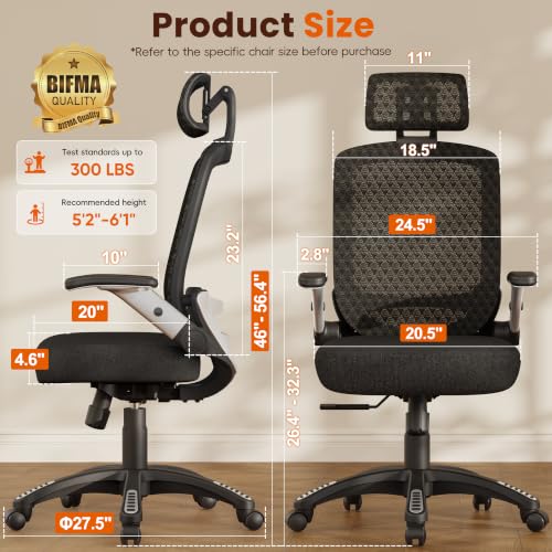 GABRYLLY Ergonomic Office Chair, High Back Home Desk Chair with Flip-Up Arms, 3D Headrest, 90-120° Tilt and Wide Cushion Seat, Big and Tall Computer Chairs for Man Woman, Mesh Chair -Midnight Cloud - color: Midnight Cloud