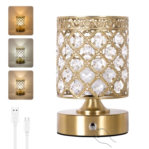 TOBUSA Gold Rechargeable Cordless Table Lamp, 6000mAh Crystal Battery Operated Lamp with 3 Color Temps & Stepless Dimming, Portable Bedside Touch Small Desk Lamp, Vintage Wireless LED Night Light - color: Gold
