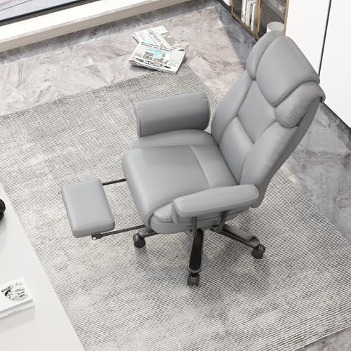 GYI 160 Reclining Office Chair with Footrest, Big & Tall Desk Chair, Grey | Cross Legged Seat, High Back, Faux Leather, Heavy Duty Base, Adjustable Height, for Home, Executive - color: Grey