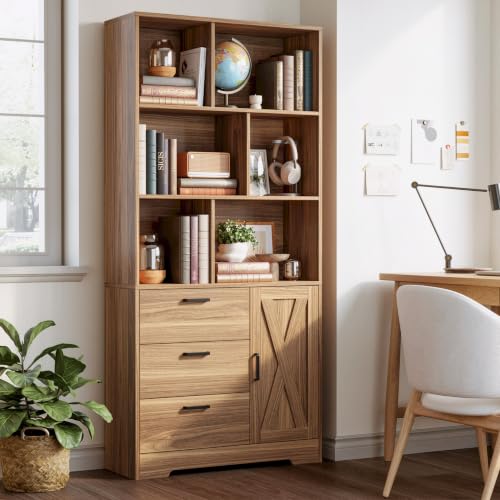 IRONCK 70.9-Inch Bookcase with Doors and 3 Drawers, Oak Brown | 6 Open Cubes for Display and Storage, Ample Storage for Books and Decor, Suitable for Living Room, Home Office - color: Oak Brown