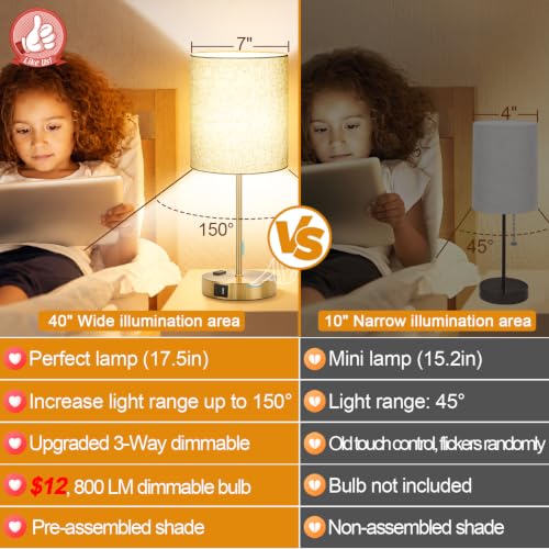Lynnoland Set of 2 Touch Control Table Lamps, 3-Way Dimmable Bedside Nightstand Lamps for Bedroom Living Room Nursery, 800 Lumens 3000K Warmlight Bulbs Included, Coarse Linen - color: Natural Beige & Brushed Gold