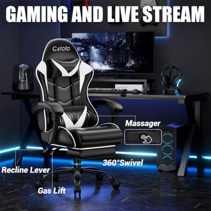 Czlolo Gaming Chair with Footrest Racing Style Lumbar Support Massager Video Game Chair with Metal Legs, High Back Reclining Gamer Chair with Headrest, 360° Swivel Office Computer Desk Chair (White) - color: White