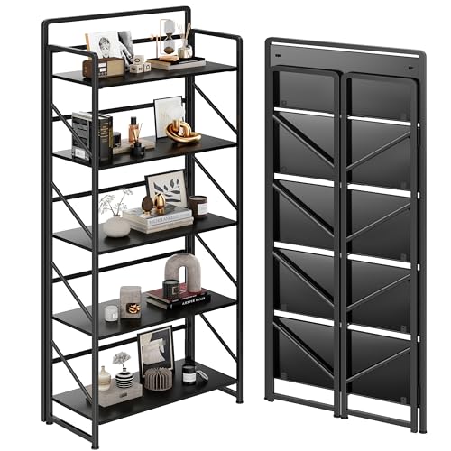 JSB No Assembly Folding Bookshelf, 5 Tier Industrial Metal Book Shelf for Storage, Vintage Wood Foldable Bookcase for Living Room, Bedroom, Office Organization Shelves - color: Black, size: 5-Tier