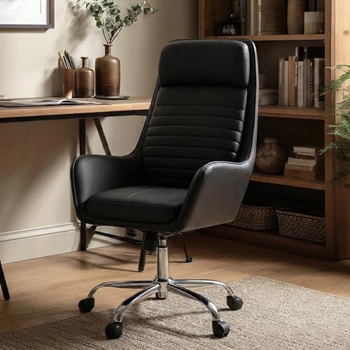 COLAMY Ellis High-Back Home Office Desk Chair, Leather Executive Chair with Integrated Armrests, Black - color: Black