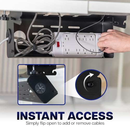 VIVO No Drill 19 inch Clamp-On Under Desk Cable Management Box with Flip-Open Lid, Easy-to-Open Steel Cord and Power Strip Organizer, Cable Organizer Tray, 11 lbs Capacity, Black, DESK-ACMB20-C
