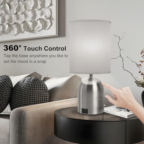 Bedside Table Lamp for Bedroom, 3 Way Dimmable Touch Desk Lamp | USB Charging Port Table Lamps for Living Room, Bedroom, Reading Room, Office, Grey/Sliver