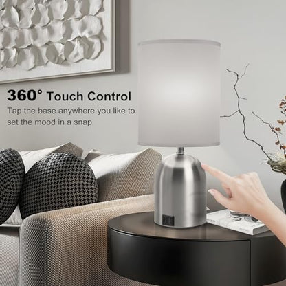 Bedside Table Lamp for Bedroom, 3 Way Dimmable Touch Desk Lamp | USB Charging Port Table Lamps for Living Room, Bedroom, Reading Room, Office, Grey/Sliver