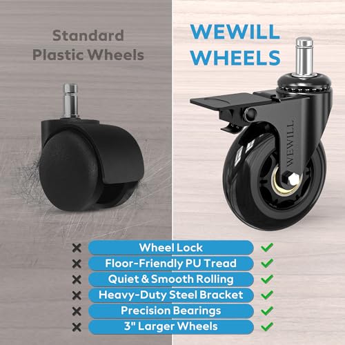 WEWILL Office Chair Wheels - Rubber Casters Replacement Universal Fit 98% Chair(Set of 5) Heavy Duty 3 Inch Smoothly & Quietly Safe for All Floor, Hardwood, Tile, Carpet, Noise Free - Glossy Black - color: Glossy Black