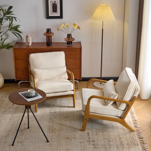 VINGLI Chenille Mid-Century Modern Accent Chair Set of 2, Cute Reading Arm Chair with Cushion & Lumbar Pillow & Solid Wood Frame for Lounge, Living Room, Reading Room, Bedroom,Cream - color: Cream