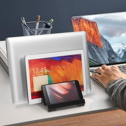 Adjustable Black Laptop Vertical Stand Dual Slot Desktop Holder Workspace Organizer for Office Desk