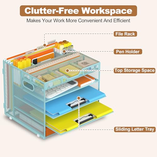 Docnest 5 Tier Desk Organizer with Hanging File Folder Holder&Tray, Blue - color: Blue, size: 12.6"x11.8"x10.3"
