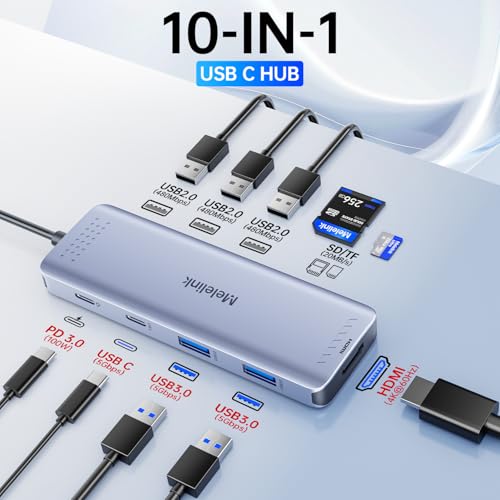 USB C Hub Multiport Adapter for MacBook Pro/Air, 10 in 1 USB C Dongle Mac HDMI Adapter, USBC Dock Compatible for iPad Pro, iMac, Dell, HP, Lenovo (4K@60Hz HDMI,SD/TF Card Reader,100W PD, 6 USB Ports) - color: Gray 10 Port USB C Docking Station