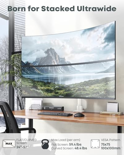 Dual Ultrawide Monitor Mount for 24-57'' Screens, Max Load 59.4 lbs per Arm | Vertically Stacked, Heavy Duty, Aluminum, Fully Adjustable, Topside Clamp/Grommet Mounting, VESA 75/100 mm, White - color: White