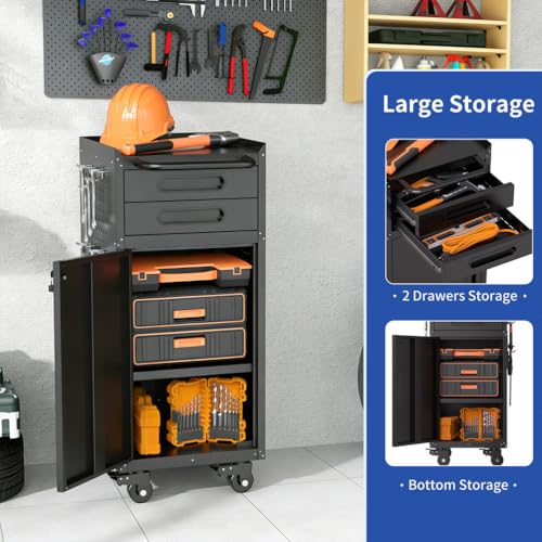 Narrow Rolling Tool Cabinet with Drawers, Lockable Garage Storage Cabinet with Wheels, Slim Metal Tool Chest Organizer for Workshop, Warehouse, Utility Room & Small Spaces