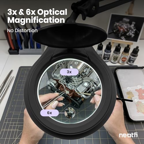 Neatfi LED Bifocal Magnifying Lamp 1,200 Lumens – 5” Glass Lens, Dual Magnification 3X/6X, Dimmable Task Light | Adjustable Arm with Clamp | Crafting, Jewelry & Reading (8 Diopter + 20 Diopter, Black) - color: Black, size: 8 Diopter + 20 Diopter