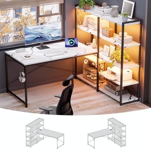Pamray 49 Inch L Shaped Gaming Computer Desk with Shelves and Storage | Compact Reversible Design with LED Lights & Power Outlets, Suitable for Home Office Bedroom Small Spaces and Dorm Study Work - color: Marble