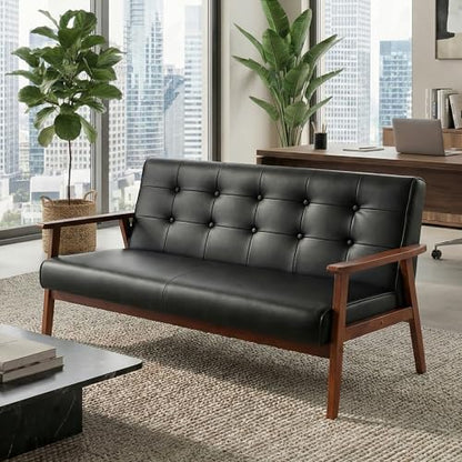 JIASTING 50" W Solid Wood Loveseat Sofa, Upholstered Faux Leather Couch