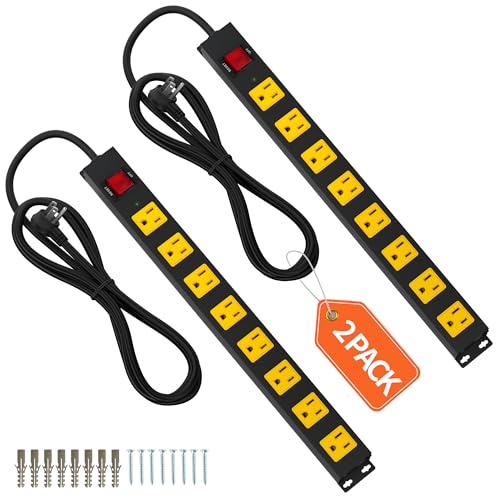 8 Outlet Metal Heavy Duty Long Power Strip, 2100J Surge Protector with 6 FT Extension Cord, Wide Spaced and Wall Mount Powerstrip for Home, Industrial, Workshop & Garage (2 Pack 6FT) - size: 2 PACK 6FT