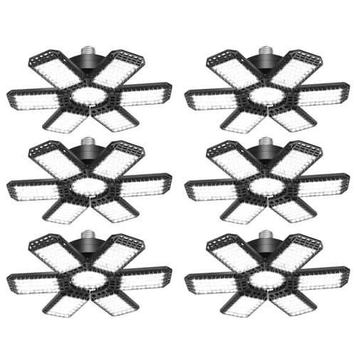 AUDLES 6 Pack LED Garage Light, 200W 20000LM 6500K LED Shop Lights, Garage Lights Ceiling Led with 6+1 Deformable Panels, Screw in E26/E27 Socket Bulb for Warehouse, Workshop, Basement, Barn Lighting - size: Standard 200W-6PACK