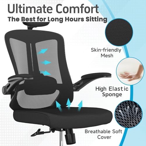 Ergonomic Office Chair - 350LB Comfy Desk Chairs with Adjustable Headrest and Lumbar Back Support, Mesh Computer Chairs with Wheels and Arms for Home Office, Study (Black-with Headrest) - color: Black
