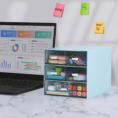 Desk Organizer with 5 Drawers, Rectangular Office Stationery Supplies Desktop Drawers, Plastic Makeup Storage, Suitable for Office, School, Home (Blue & 5 Drawers) - color: Blue & 5 Drawers