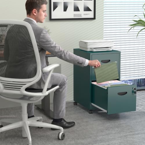 Metal 2 Drawer File Cabinet with Lock & Wheels for Office, Green | Small Mobile File Cabinets for Home Office, Under Desk Vertical Rolling File Cabinet Fit Hanging Files, Letter & A4 Documents - color: Green, style: 2 Drawers Mobile File Cabinet