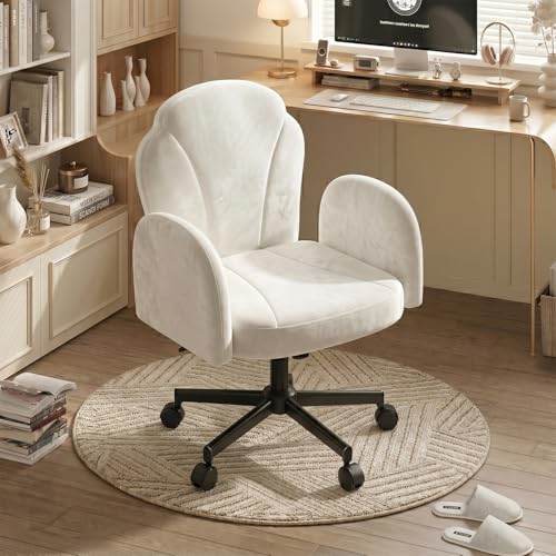 Bestier Criss Cross Office Chair with FILP-Up Armrests, White Velvet | Rocking Recline,Swivel Makeup Vanity Chair with 5-Level Folding Armrest, Cross Legged Desk, Adjustable Height Swivel Chair - color: White Velvet