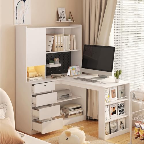 RuiSiSi 46" L Shaped Executive Desk with Hutch and Shelves, White - color: White, size: 46.06"L x 55.90"W x 62.79"H