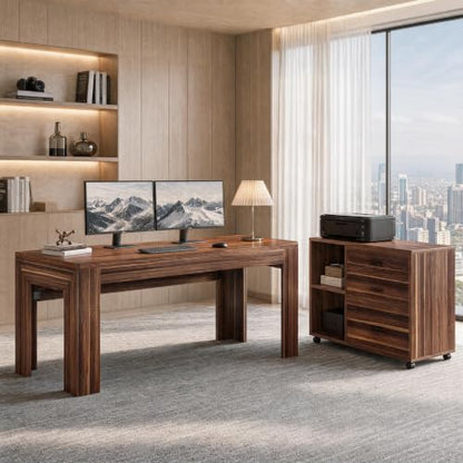 Tribesigns L Shaped Executive Desk with Drawers,Light Walnut | Large Office Desk with Rolling File Cabinet Combo,Home Office Computer Desk,Wooden Desk with Long Front Baffle - color: Light Walnut
