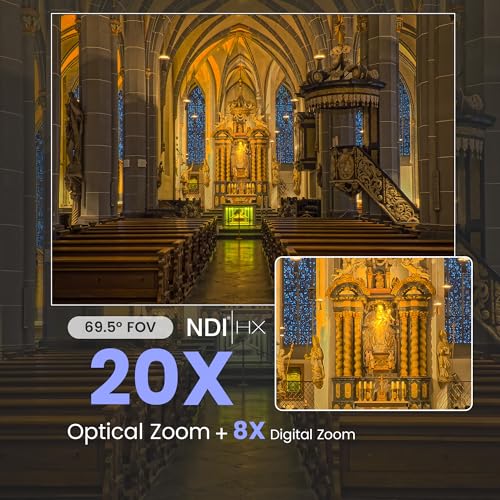 AI Auto Tracking NDI PTZ Camera 3G-SDI/USB3.0/HDMI/LAN IP PoE IP Live Streaming 20X Optical and 8X Digital Zoom Camera 1080P 60FPS for Church Services Worship Education Events vMix OBS YouTube - color: jet black
