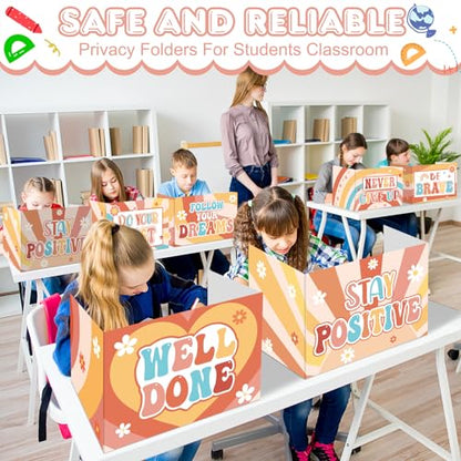 Honoson 24 Pcs Inspirational Privacy Folders for Students | Cardboard Desk Shields with Motivational Words, 6 Designs for Classroom Study, Tri-fold Exam Dividers, Bulk Test Boards - style: Groovy