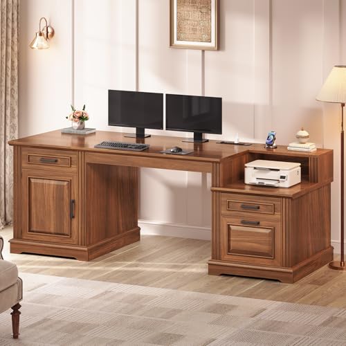 SEDETA Farmhouse Executive Desk, 62'' Home Office Desk with File Drawers, 3Drawer and Storage Cabinet, Computer Desk with Power Outlet for Home Office, Work Study Writing, Walnut - color: Walnut